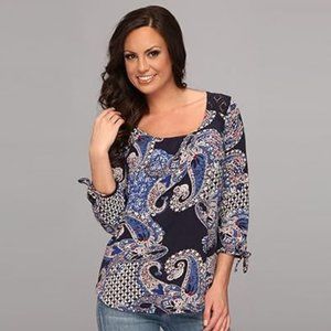 EUC Lucky Brand Navy Red & White Paisley Lace Back Top – Size L